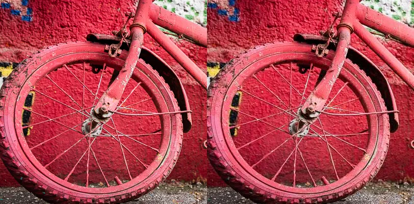 The front wheel of a red bicycle against a red painted wall, shown twice: the published photo on the left and the 200 KB version on the right
