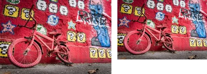 The red bicycle photo twice at its real pixel size: a larger 20 KB version on the left and a smaller, cleaner 20 KB version on the right