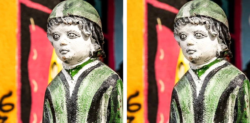 Two identical-looking crops of a painted clay figure at Metelkova: the original photo on the left, the 100 KB version on the right