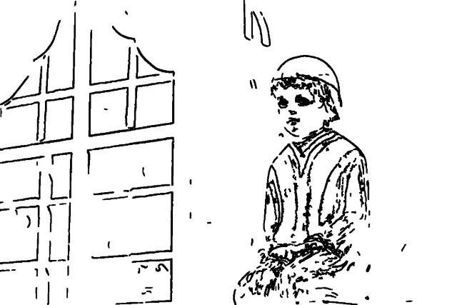 Black outline drawing of a painted clay figure of a seated child, with the window frame of the building behind it