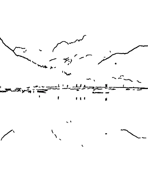 Almost empty black outline drawing of a mountain lake: a few lines for the ridges and the shore, and almost none for the forest or the reflection