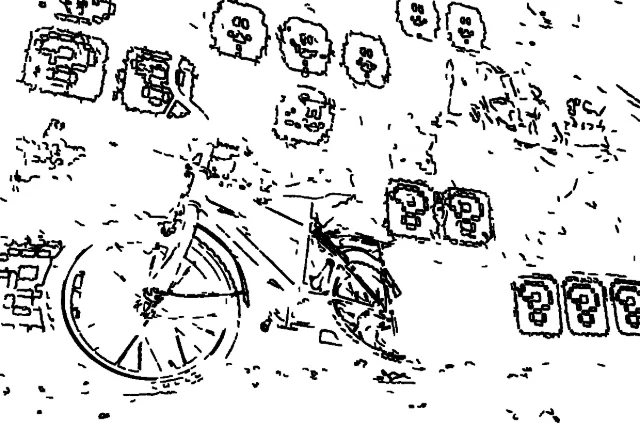 Black outline drawing of a small red bicycle against a red wall with painted game blocks: the bicycle has clear outlines, and the wall adds many short lines