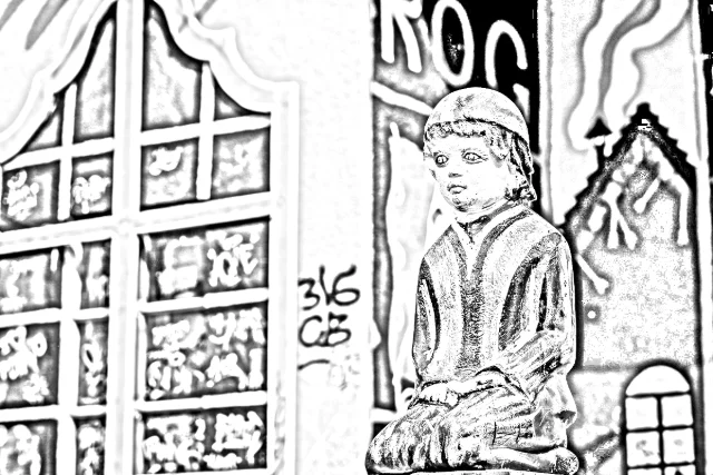 Grey pencil-style sketch of a painted clay figure: soft shading on the coat, the face and the knees, with the background in light grey