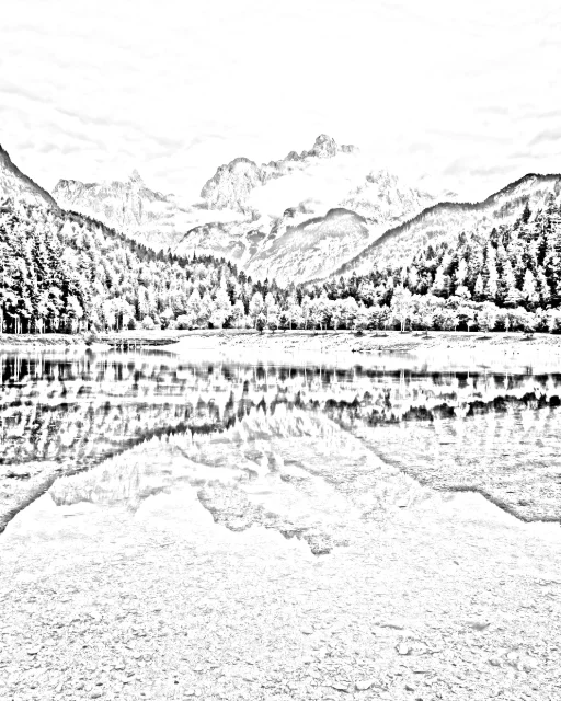 Pale grey sketch of a mountain lake: mostly white paper, with light shading on the ridges and the reflection