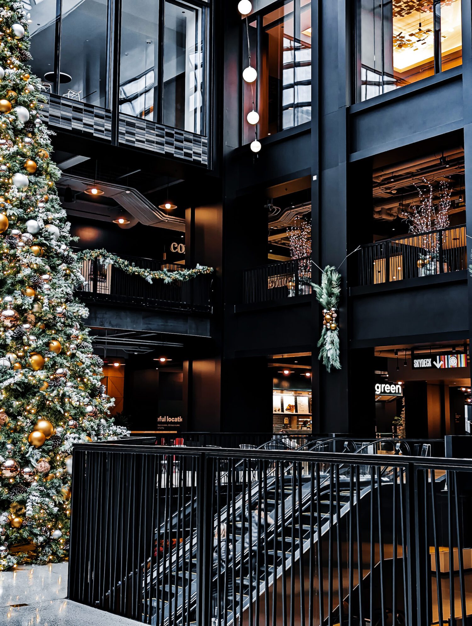 Interior public space at the base of Willis Tower decorated during the holiday season