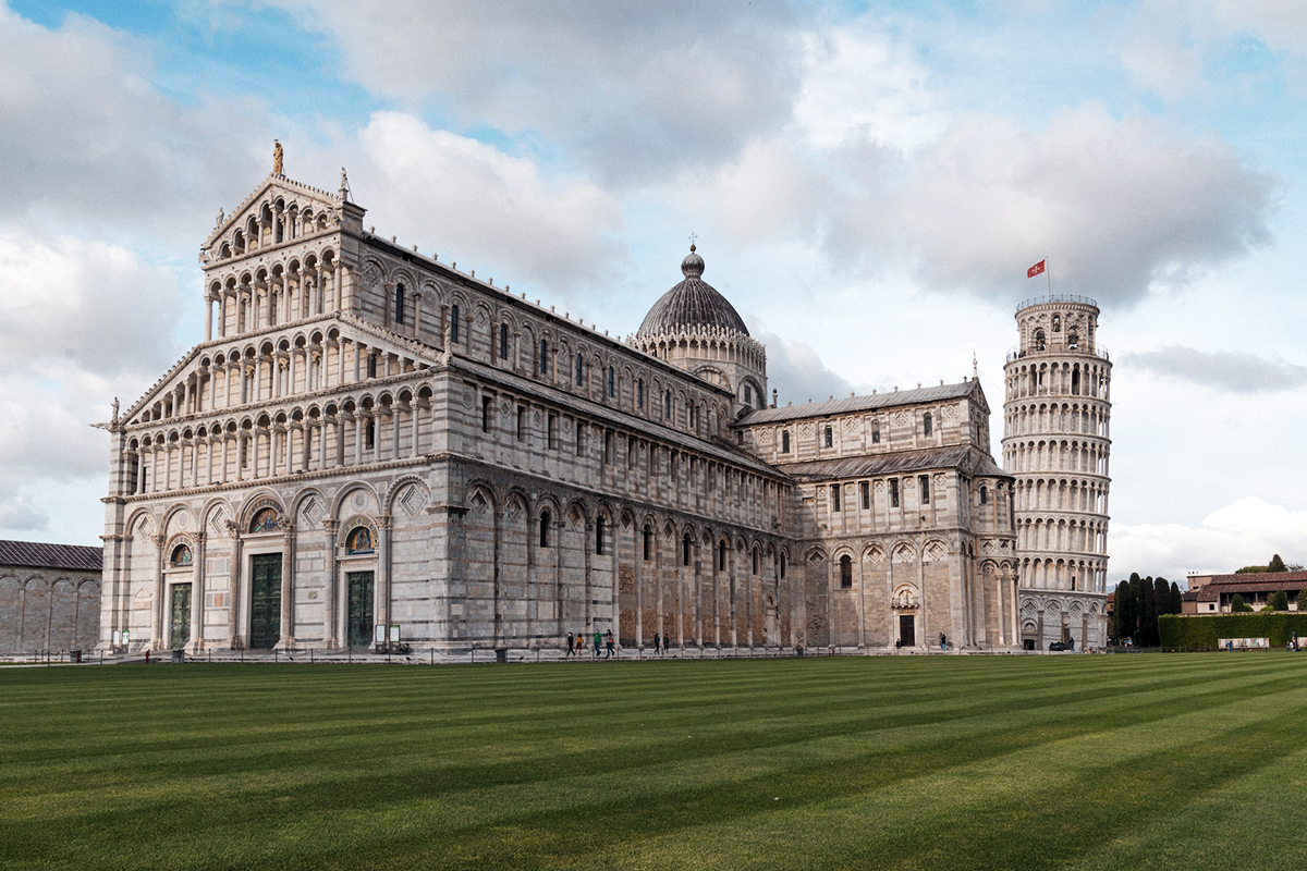 The Leaning Tower of Pisa beside Pisa Cathedral in Piazza dei Miracoli