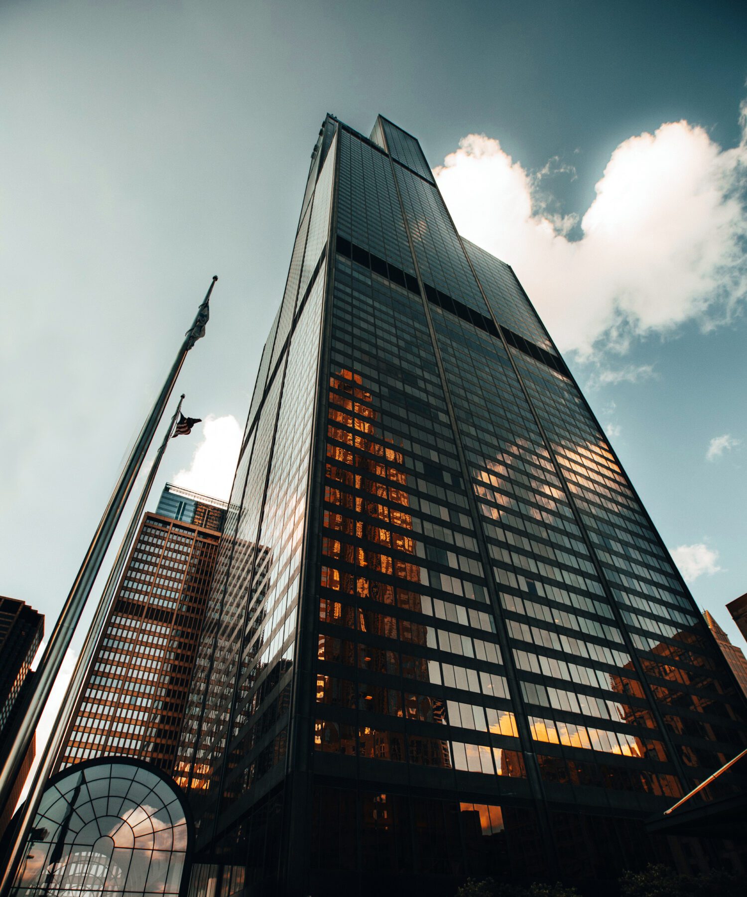 Willis Tower viewed upward from a nearby street beside its modernised base