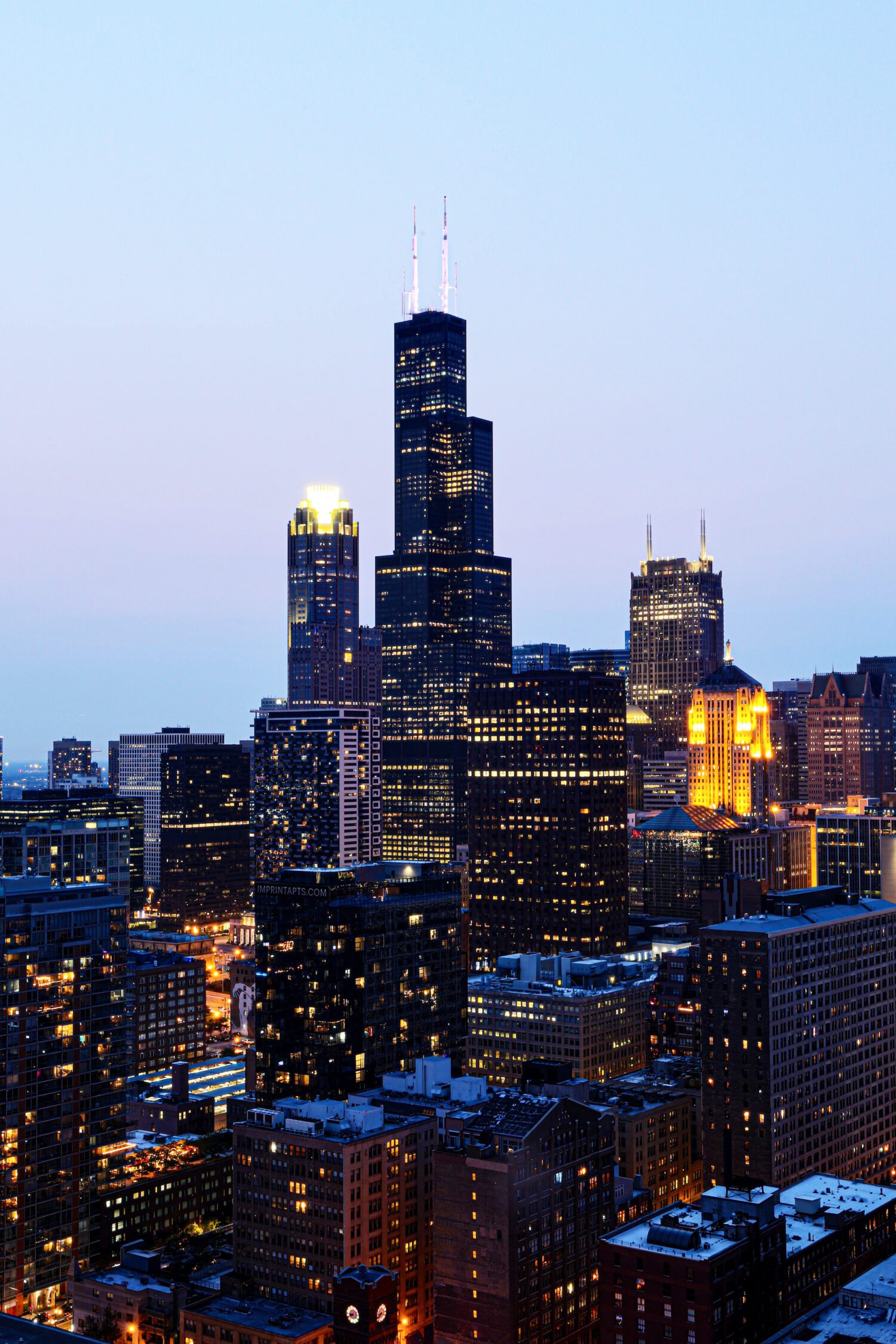 Willis Tower illuminated above Chicago after dusk