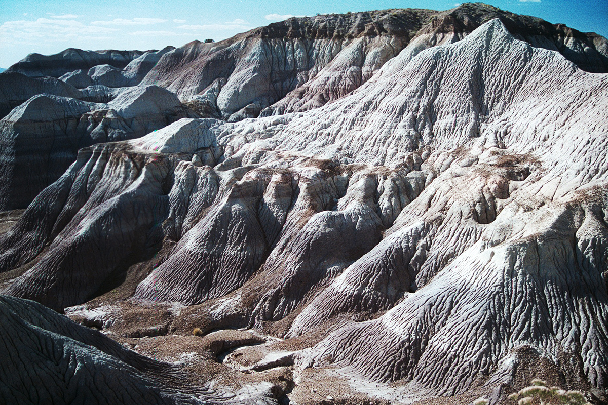 Blue, grey and lavender badland hills in the Blue Mesa area of Petrified Forest National Park
