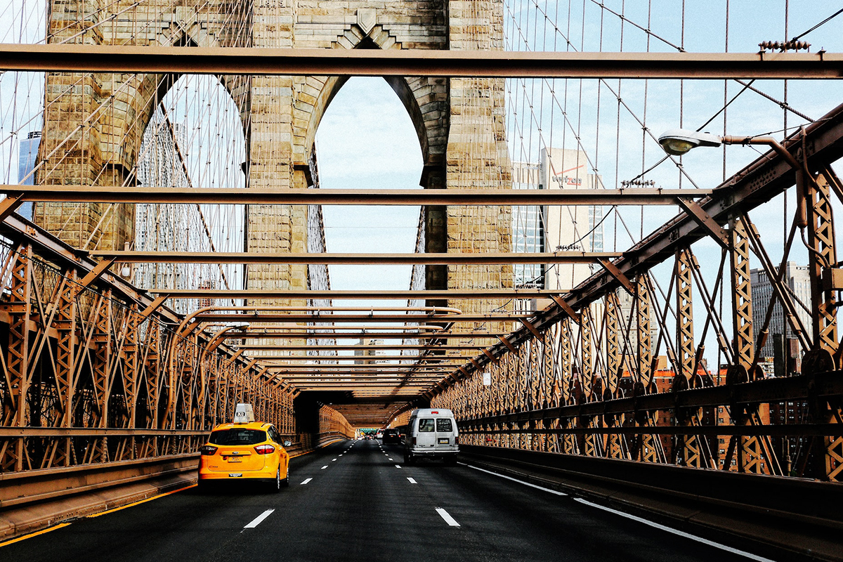 The Brooklyn Bridge seen from road level on the approach