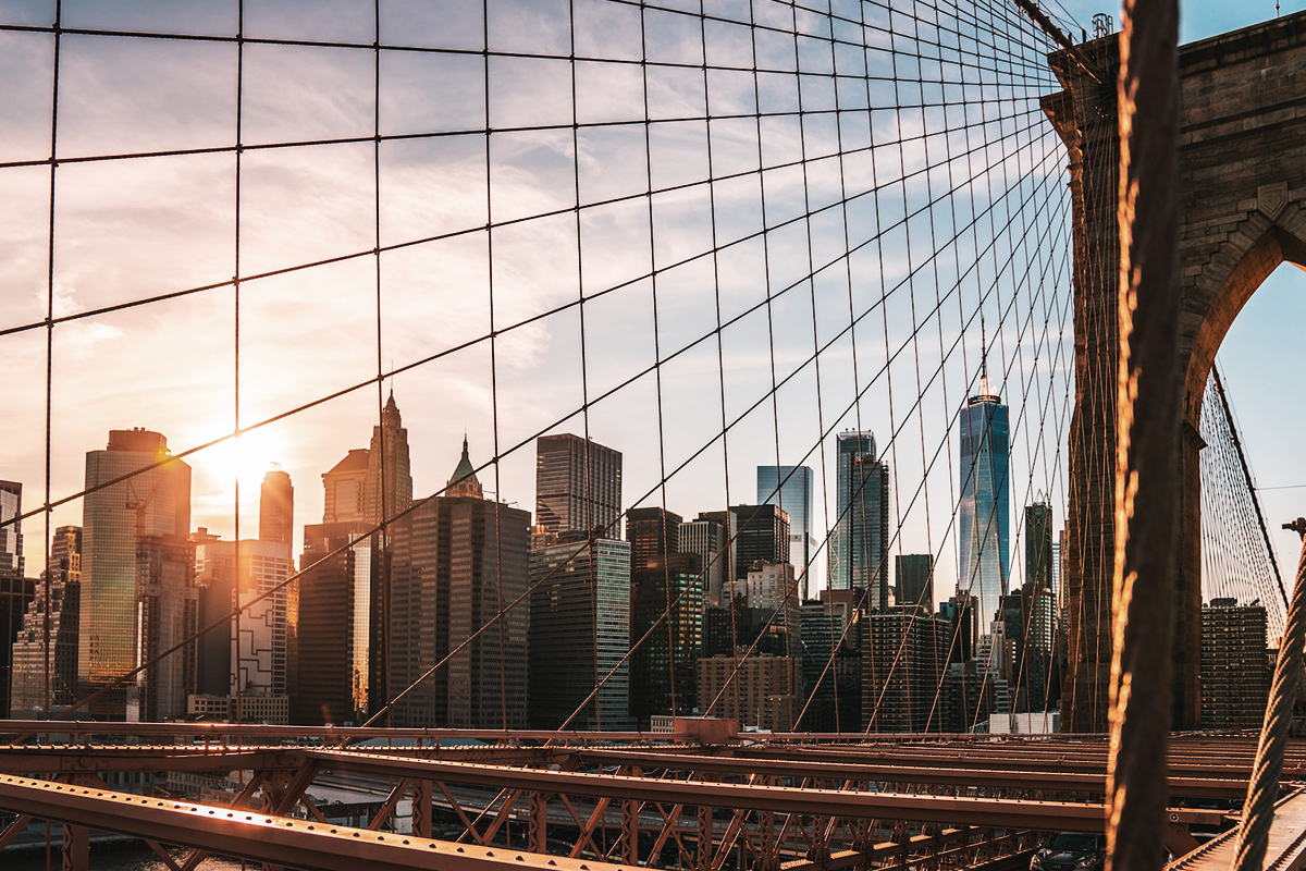 The wooden pedestrian promenade running above the traffic decks of the Brooklyn Bridge