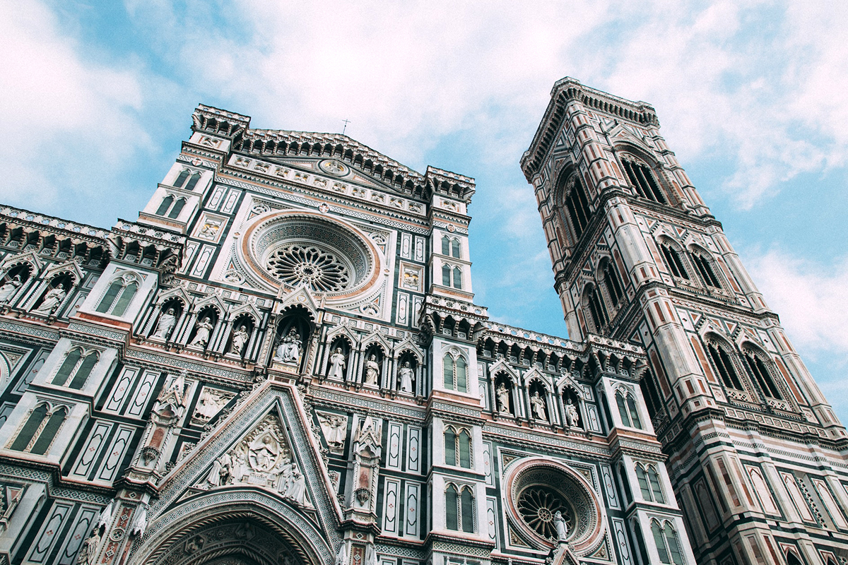 The front of Florence Cathedral and Giotto's Bell Tower seen from Piazza del Duomo