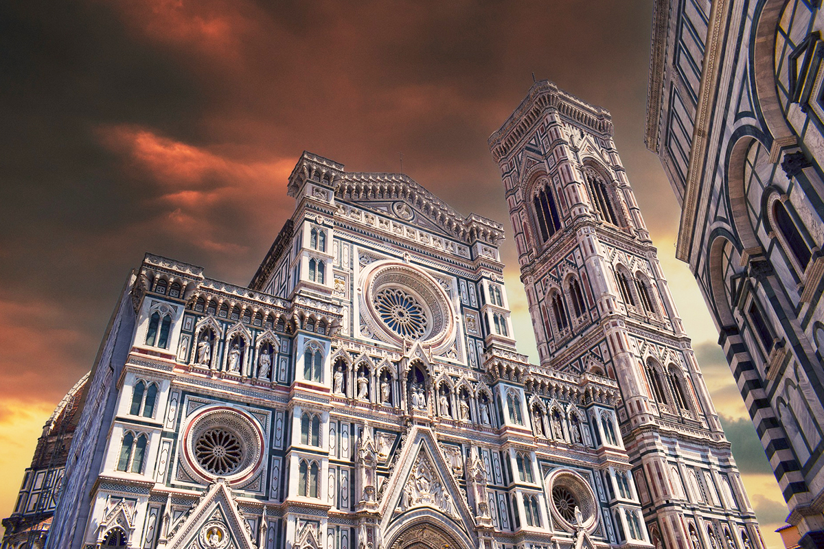 Florence Cathedral and Giotto's Bell Tower beneath a dramatic sky
