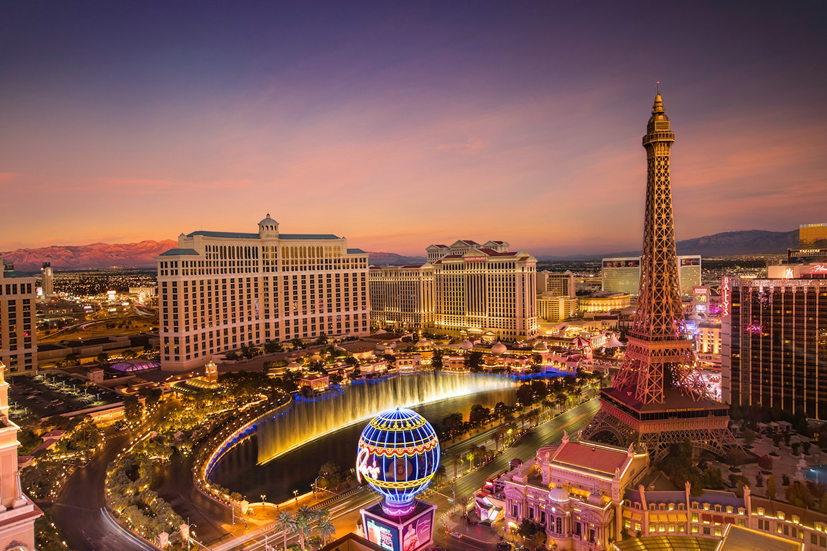 The Strip from a pedestrian bridge after dark