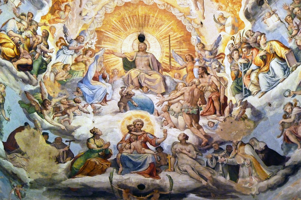 A closer photograph of the Last Judgment figures painted inside the dome