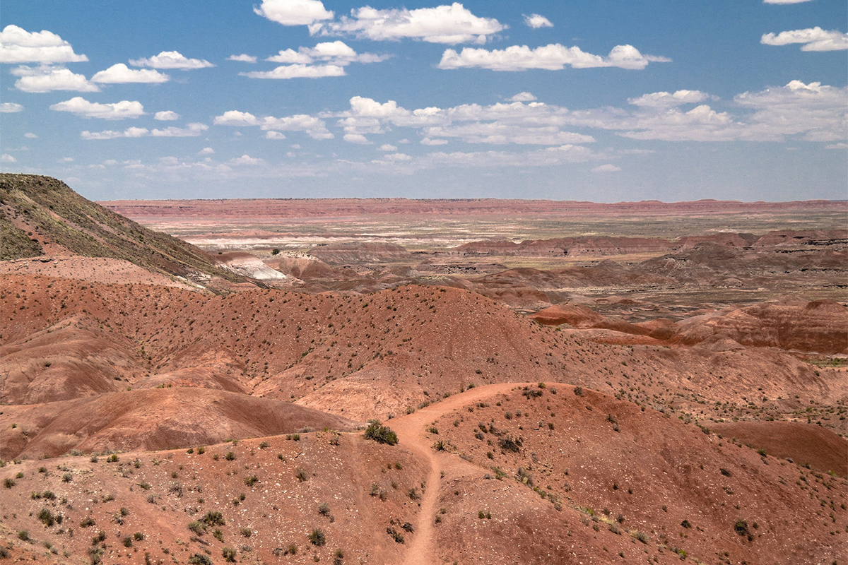 Wide view across red badlands and distant mesas in the Painted Desert