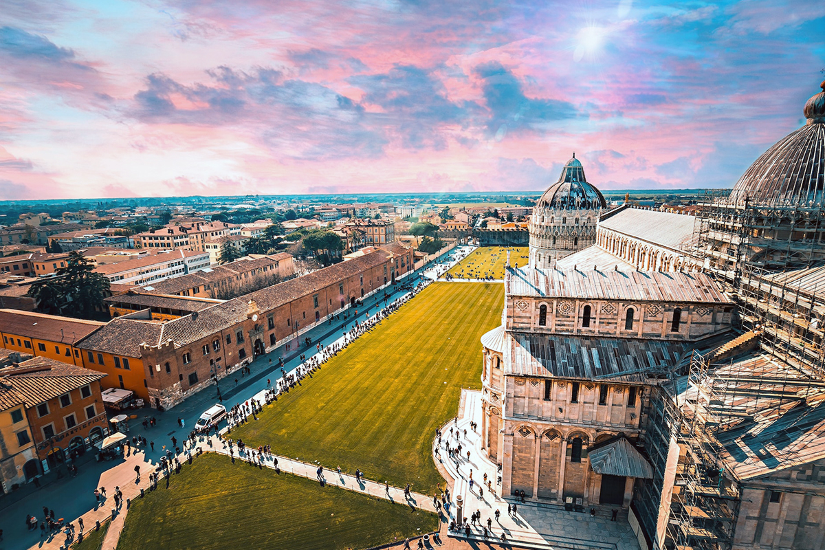 View across Piazza dei Miracoli from the upper part of the Leaning Tower of Pisa