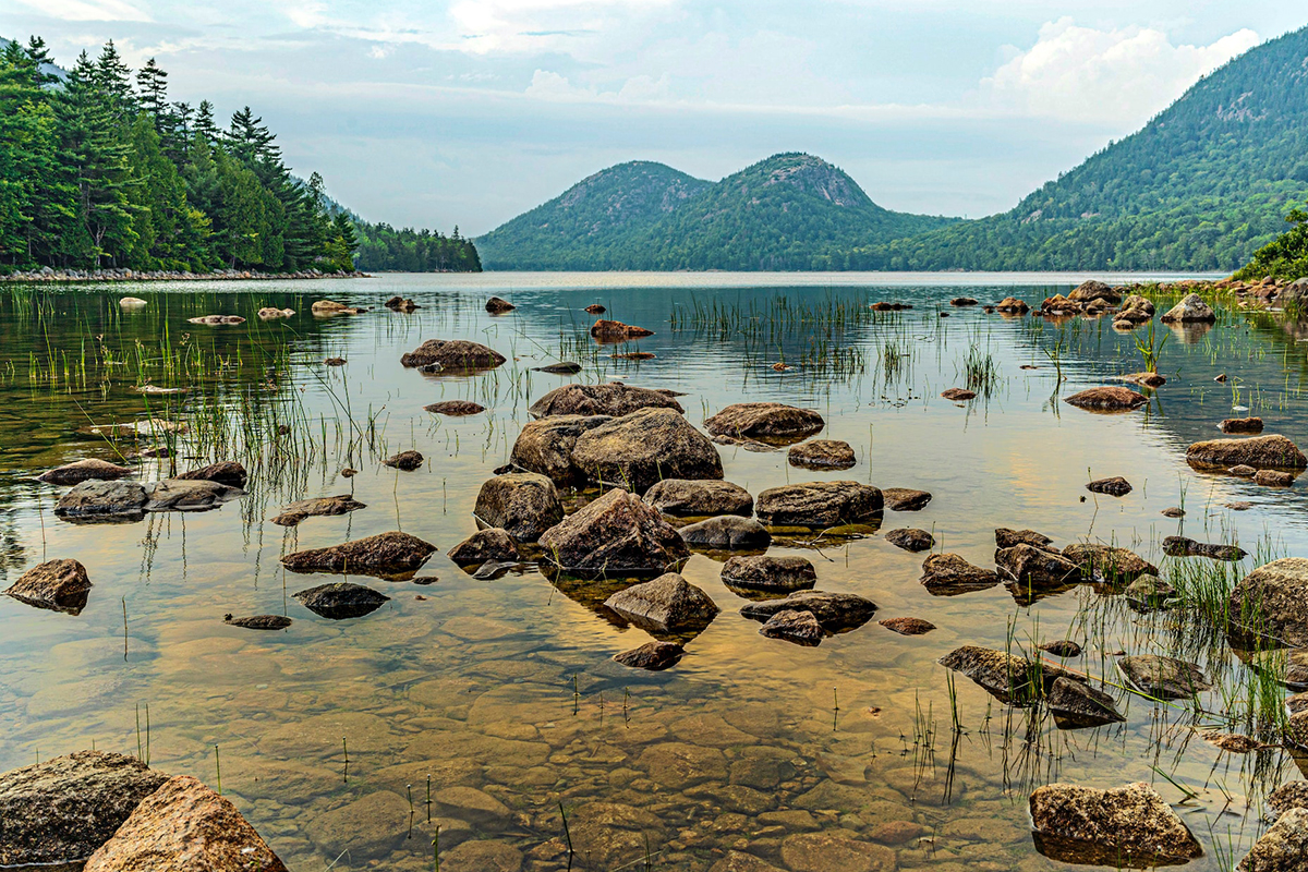 Wide view across Jordan Pond toward the Bubbles in Acadia National Park
