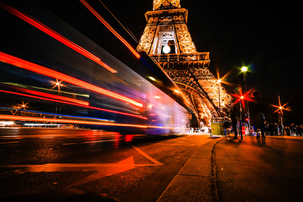The illuminated tower photographed at night with a long exposure