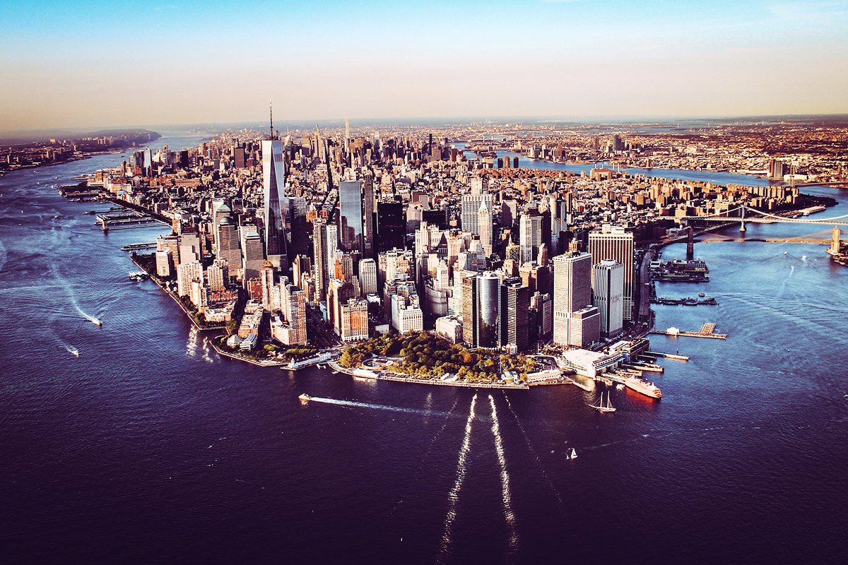 Manhattan seen from above, with the World Trade Center site at its centre