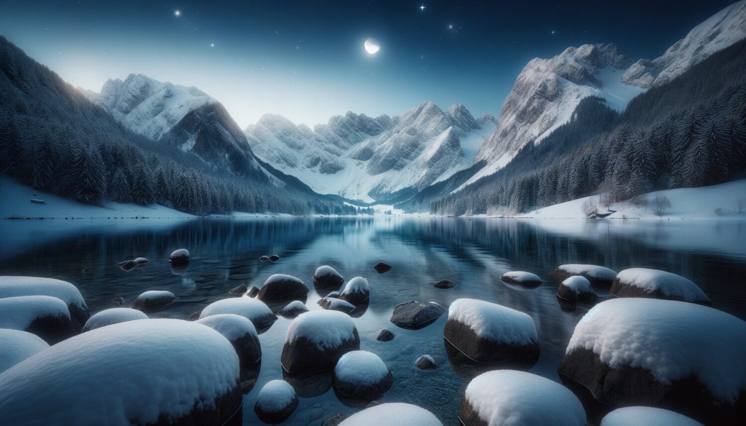 Snowy alpine lake generated with DALL-E 3 in a wide landscape format