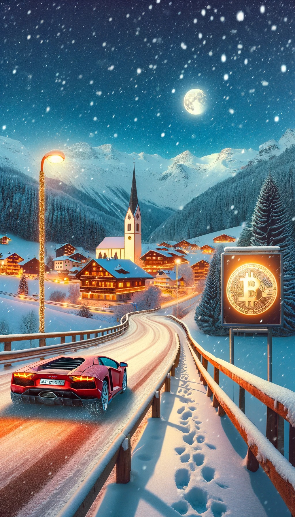 Snowy alpine road, red sports car and village generated with DALL-E 3 in portrait format